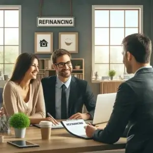 Couple consulting on home refinancing with advisor in office.