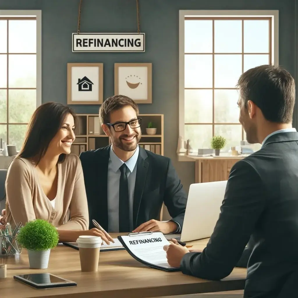 Couple consulting on home refinancing with advisor in office.